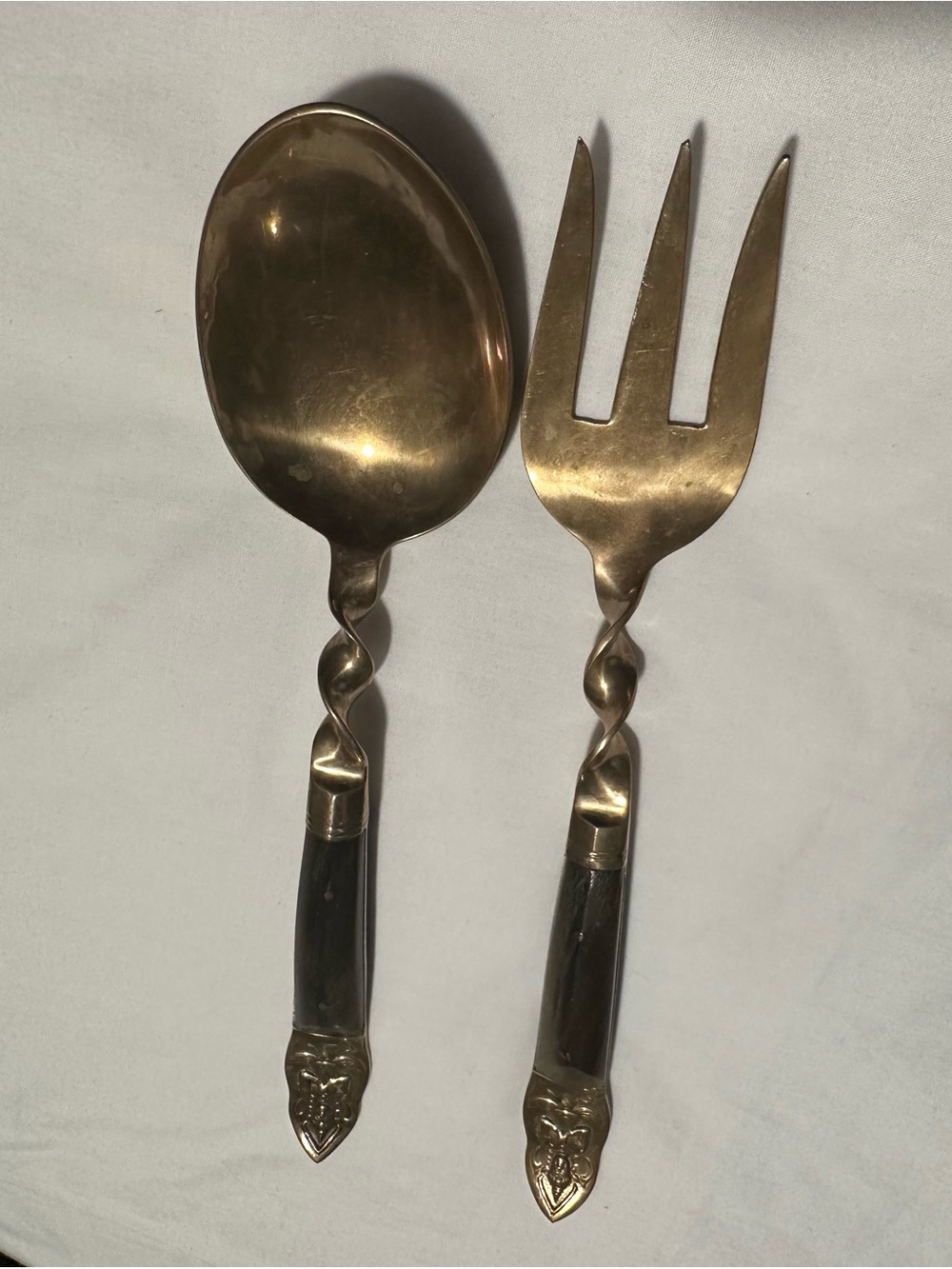 Twisted-Handle Brass Serving Spoon and Fork Set with Brown Handles